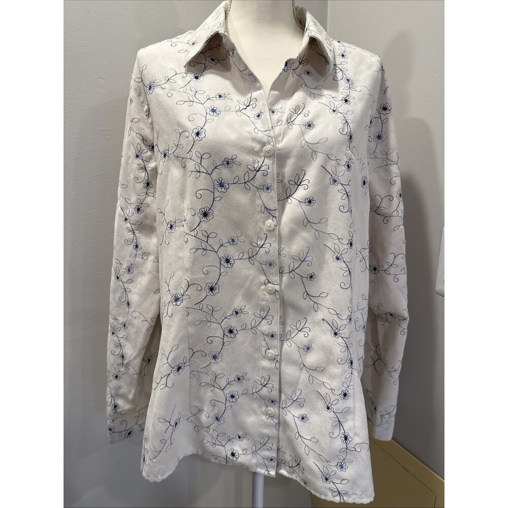 Sag Harbor Women Embroidered Long Sleeve Button-Up Shirt Cream White Size Large